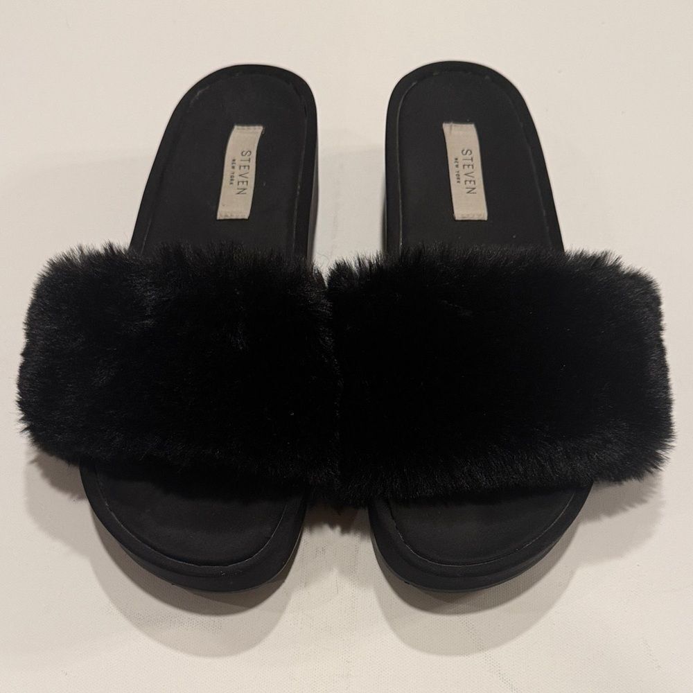 Steven Black Fur Women's Slippers
